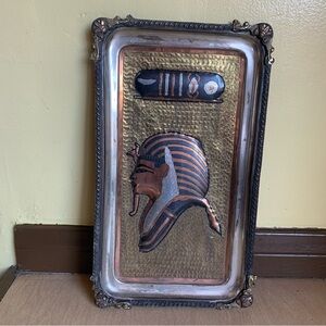 vintage Egyptian metal decoration raised figure King Tutankhamun hieroglyphs